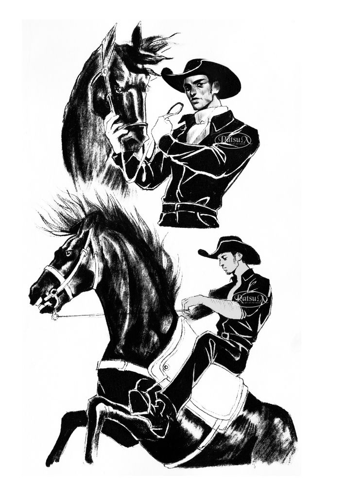 Sketches of cowboys and horses.

one cowboy is holding a horse by the face, and the other one is on the back of a galloping horse.