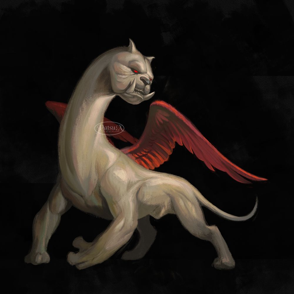 Digital painting of the demon Glasya Labolas, a pale white beast. He has a lion's body, with a long neck and a bulldog's face, with giant fangs. He has a pair of blood red wings.