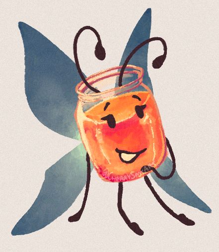 Digital art of a jar of honey object character with steel blue wings 