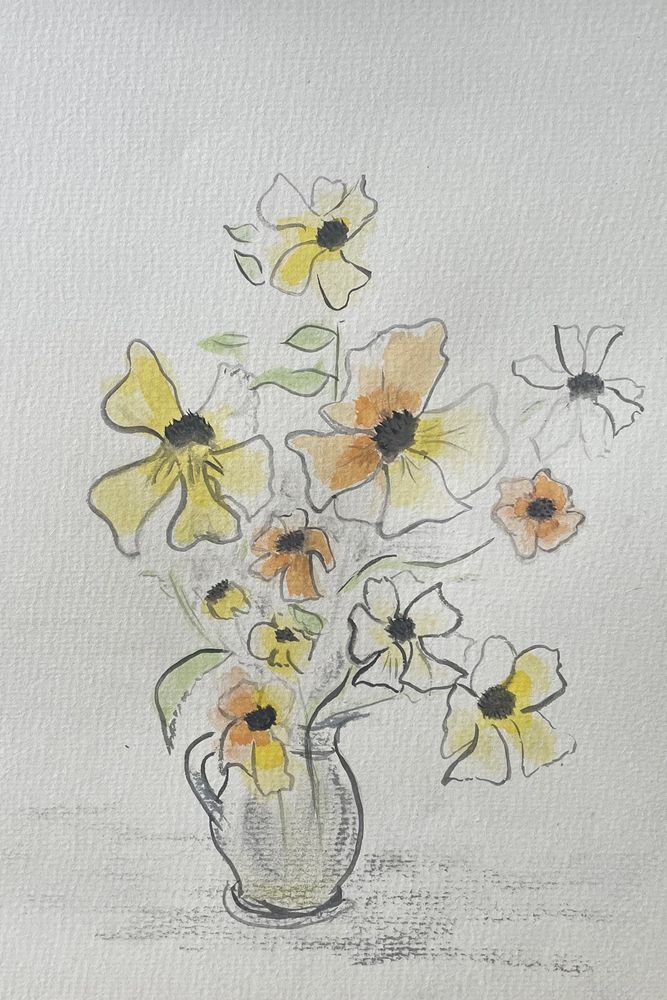 A watercolour painting of a jug of yellow and pale orange flowers. The style is very loose and impressionistic with outlines and details in dark grey that don’t fully coincide with where the patches of colour are. 