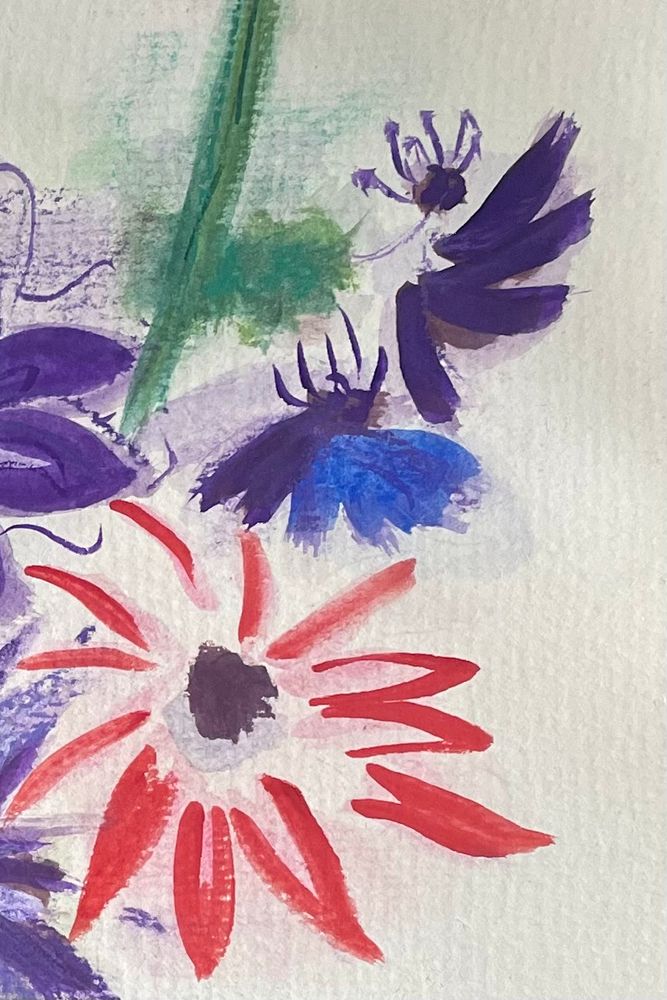 Detail of a watercolour, gouache and pastel painting, of a bouquet of blue, purple and red flowers. The style is loose and impressionistic. The inspiration for the painting was one of Raoul Dufy’s paintings. 