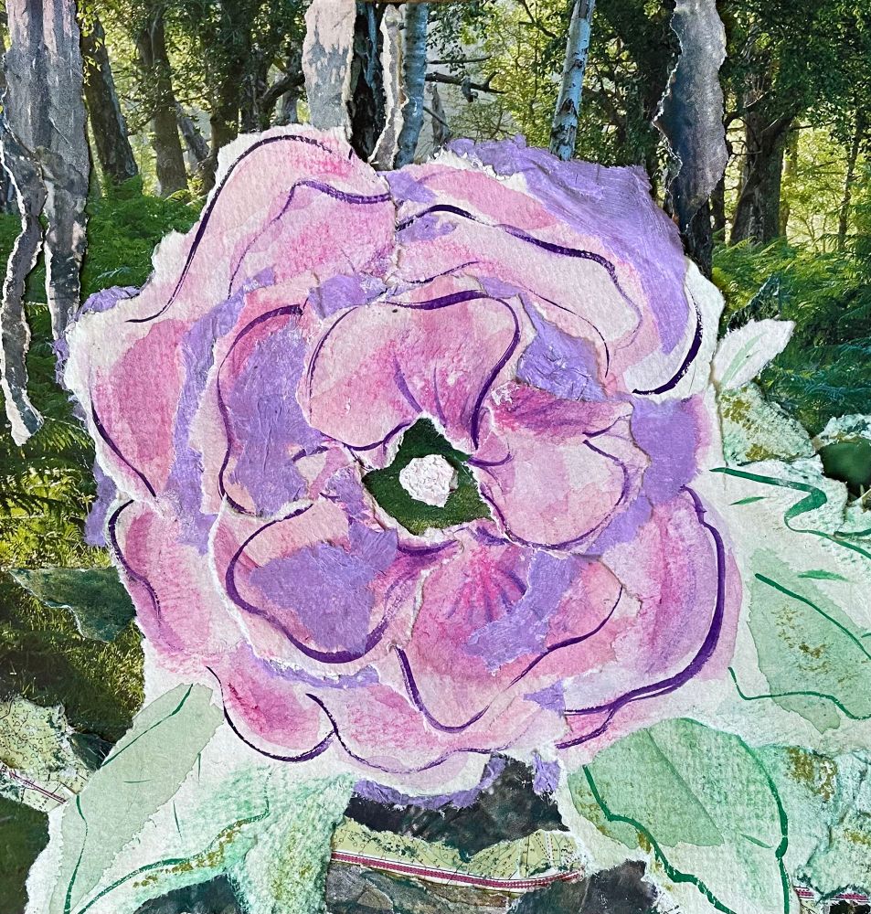 A collage incorporating a background of a photographic image of forest with ferns and birch trees. Extra trunks and texture have been added via collage. The centre of the piece is dominated by a pink and purple hibiscus flower created from tissue paper and a torn up watercolour attempt at painting the flower. Along with this are water colour and soft pastel leaves with some elements from the background photo added. Torn up maps of forest area are also included.
