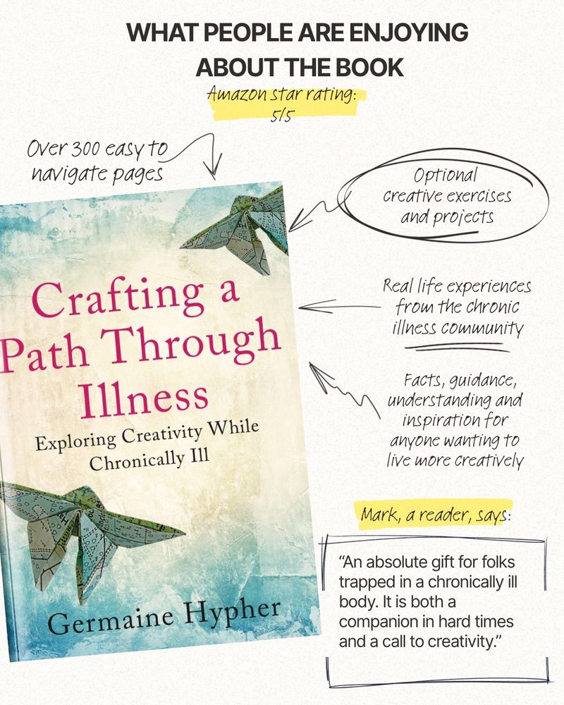An image of the front cover of the book Crafting a Path Through Illness - Exploring Creativity While Chronically Ill by Germaine Hypher is surrounded by the following text: 

Amazon star rating: 5/5

WHAT PEOPLE ARE ENJOYING ABOUT THE BOOK
Over 300 easy to navigate pages.
Optional creative exercises and projects.
Real life experiences from the chronic illness community.
Facts, guidance, understanding and inspiration for anyone wanting to live more creatively.
Mark, a reader, says:
"An absolute gift for folks trapped in a chronically ill body. It is both a
companion in hard times and a call to creativity."