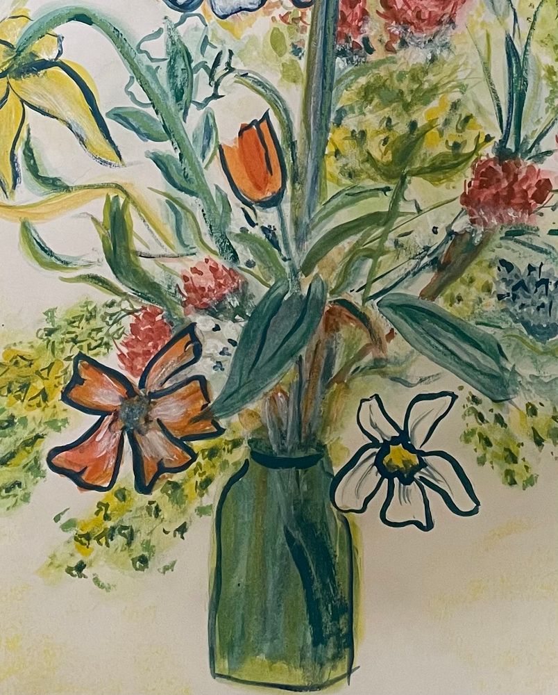 Detail of a watercolour, gouache and pastel painting, of a bouquet of orange, white and yellow flowers  with green foliage in a green bottle. The style is loose and impressionistic with some dark blue outlines. The inspiration for the painting was one of Raoul Dufy’s paintings. 