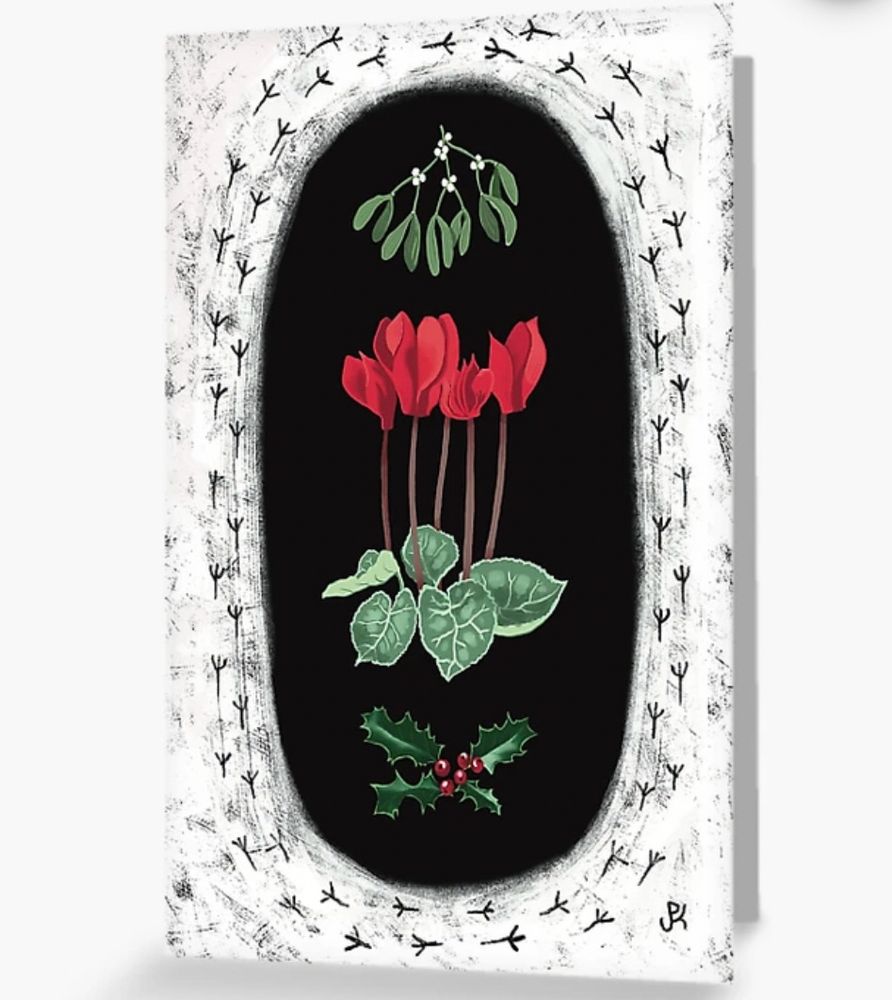 A Christmas card design by Paula J Knight featuring digitally drawn cyclamen, holly and mistletoe against a black background with bird footprints in snow around the edge. 