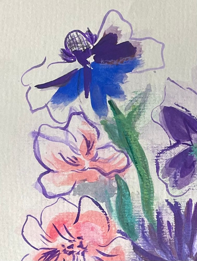 Detail of a watercolour, gouache and pastel painting, of a bouquet of blue, purple and pink flowers. The style is loose and impressionistic with dark outlines in slightly different places from the filled in colour. The inspiration for the painting was one of Raoul Dufy’s paintings. 