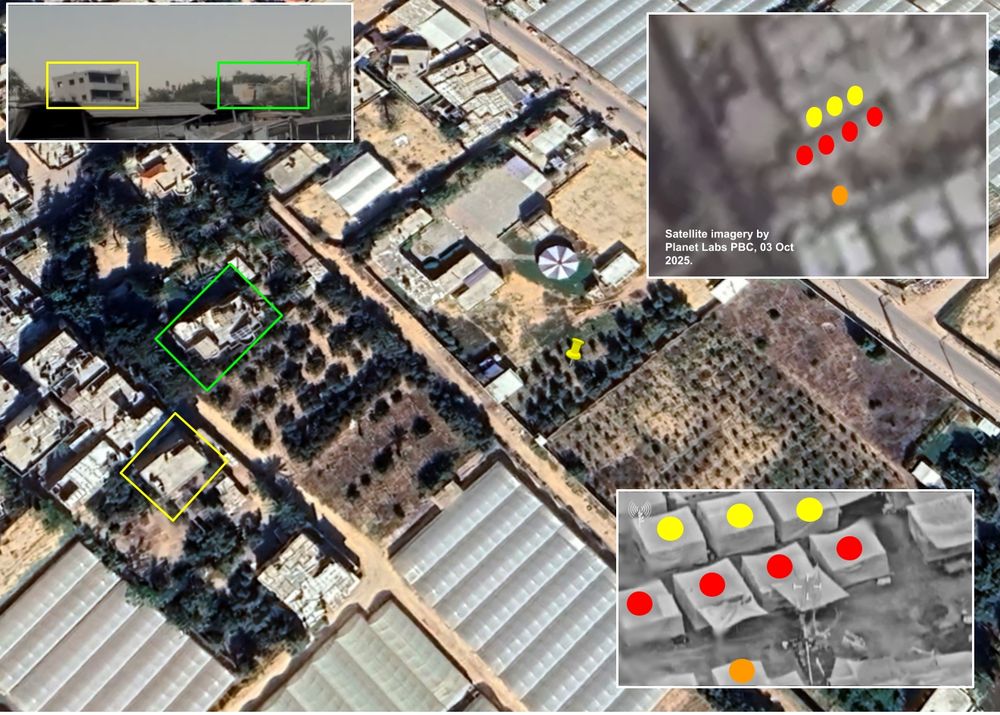 Israeli airstrike on Insan Camp, designated for kidney and cancer patients, geolocated east of Al-Aqsa Martyrs Hospital, in Deir al-Balah ~ 31.418331, 34.361617.

Satellite imagery by Planet Labs PBC from 3 October 2025 and Airbus by Google Earth Pro.