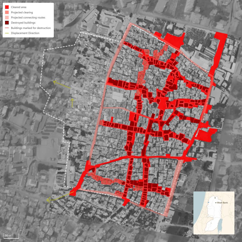 While starving Gaza and its 80% refugee population, Israel is expanding its war on Palestinian refugees—and on their very ‘refugee-ness’—in the West Bank.

Our updated analysis shows that the Israeli military is continuing to carve up the refugee camps of Tulkarm, Jenin and Nur Shams to establish new military routes, displace Palestinians, and dismantle historic centres of resistance.

By demolishing homes and repeatedly uprooting Palestinians, Israel is not only forcing them from place to place—itself a form of physical and psychological warfare—but attempting to erase the fact that these locations were ever refugee camps at all and weaken Palestinian demand for return.

Each wave of displacement seeks to dissolve the Palestinian refugee identity and undermine the population’s political, historical and legal claims.

View our full analysis: https://frames.forensic-architecture.org/west-bank/spatial-control