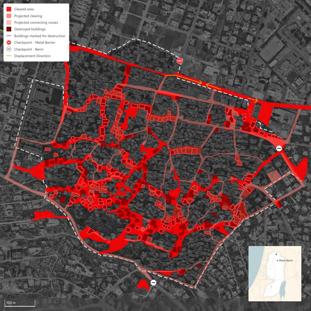 While starving Gaza and its 80% refugee population, Israel is expanding its war on Palestinian refugees—and on their very ‘refugee-ness’—in the West Bank.

Our updated analysis shows that the Israeli military is continuing to carve up the refugee camps of Tulkarm, Jenin and Nur Shams to establish new military routes, displace Palestinians, and dismantle historic centres of resistance.

By demolishing homes and repeatedly uprooting Palestinians, Israel is not only forcing them from place to place—itself a form of physical and psychological warfare—but attempting to erase the fact that these locations were ever refugee camps at all and weaken Palestinian demand for return.

Each wave of displacement seeks to dissolve the Palestinian refugee identity and undermine the population’s political, historical and legal claims.

View our full analysis: https://frames.forensic-architecture.org/west-bank/spatial-control