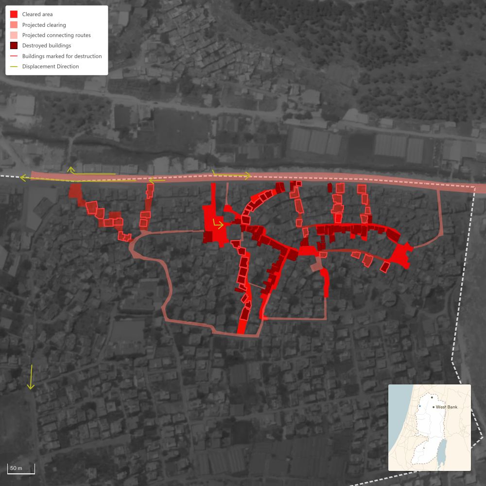 While starving Gaza and its 80% refugee population, Israel is expanding its war on Palestinian refugees—and on their very ‘refugee-ness’—in the West Bank.

Our updated analysis shows that the Israeli military is continuing to carve up the refugee camps of Tulkarm, Jenin and Nur Shams to establish new military routes, displace Palestinians, and dismantle historic centres of resistance.

By demolishing homes and repeatedly uprooting Palestinians, Israel is not only forcing them from place to place—itself a form of physical and psychological warfare—but attempting to erase the fact that these locations were ever refugee camps at all and weaken Palestinian demand for return.

Each wave of displacement seeks to dissolve the Palestinian refugee identity and undermine the population’s political, historical and legal claims.

View our full analysis: https://frames.forensic-architecture.org/west-bank/spatial-control