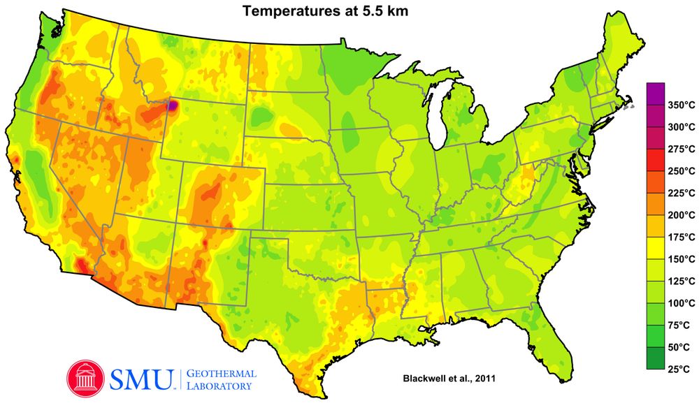 Map of subsurface temperatures at a depth of 5.5 km for the 48 contiguous U.S. states, generally showing that geothermal heat is far more accessible in the western states than in the East. Source: D. Blackwell et al., “Temperature-At-Depth Maps for the Conterminous US and Geothermal Resource Estimates,” GRC Transactions 35, GRC1029452 (2011), https://www.smu.edu/dedman/academics/departments/earth-sciences/research/geothermallab/datamaps/temperaturemaps