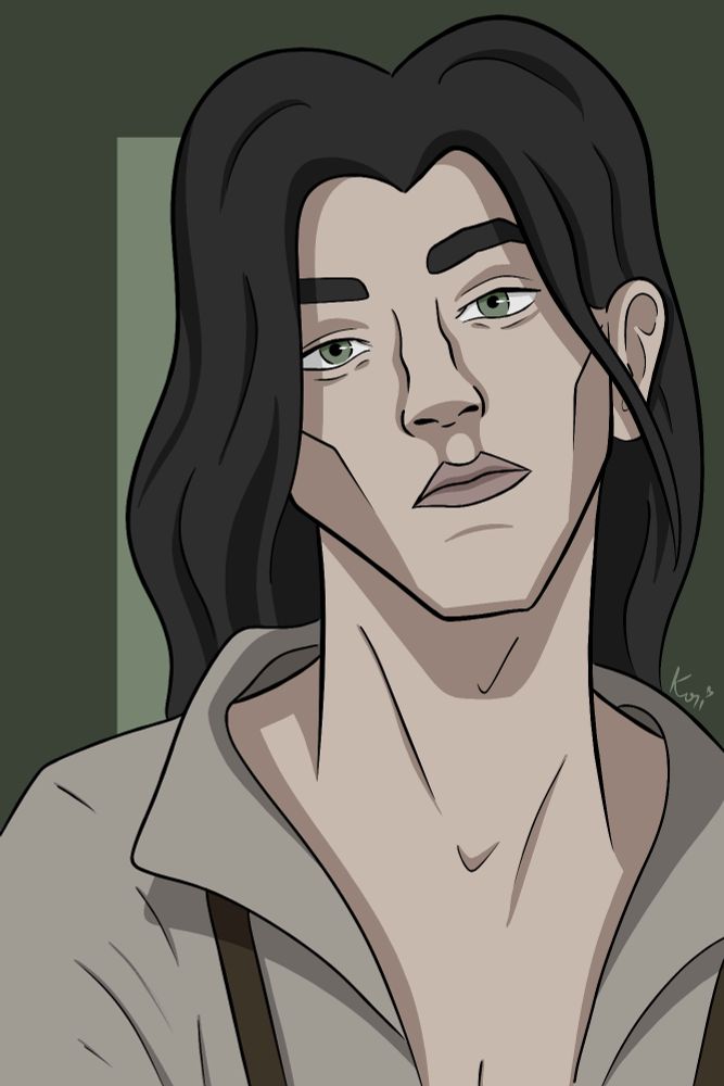 Digital portrait of Vincent, a character belonging to Julion0202. He's a vampire with long dark hair and green eyes, sharp features and an unbuttoned grey shirt with brown suspenders.
