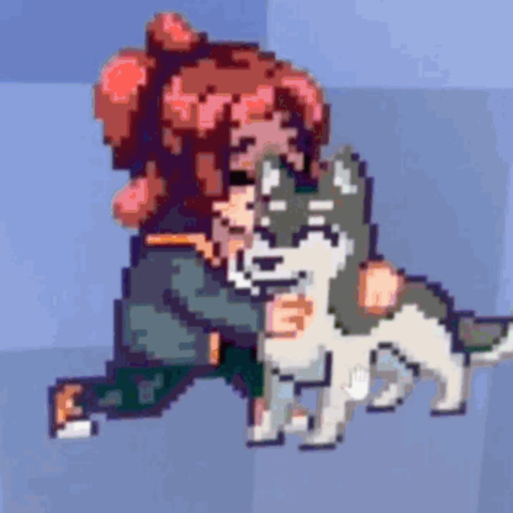 a pixel art of a woman hugging a dog .