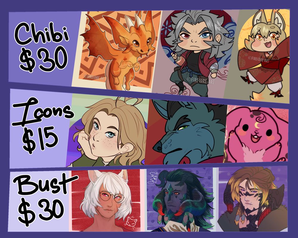 An image listing the available prices this time around. From top to bottom: Chibi art, icons, and bust illustrations.