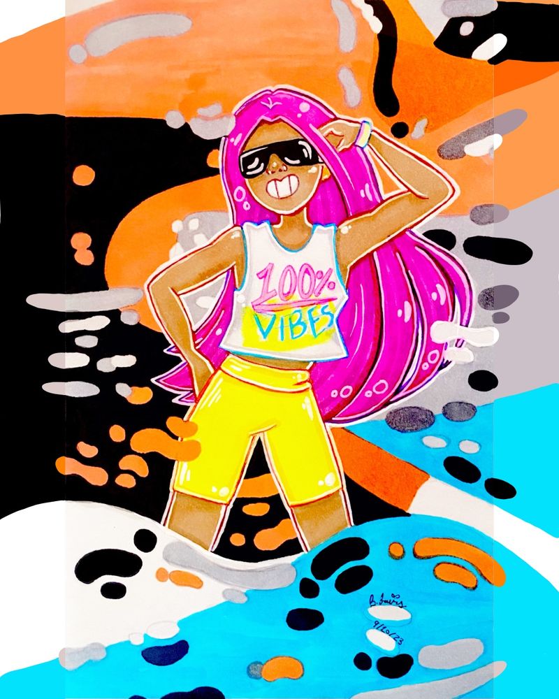 A traditional drawing drawn with alcohol based marker, color pencil, gel pen, ink pen on paper with digital coloring on the left and right edges of the drawing to make the drawing wider. The drawing has a figure with pink hair in the center who is posed and smiling. The tank top says 100% vibes in pink and blue writing and the figure is wearing bright yellow biker shorts. The figure is also wearing sunglasses. The background consists of blobs and shapes in the colors of blue, orange, darker orange, gray, white, and black. The drawing was drawn as a gift. 