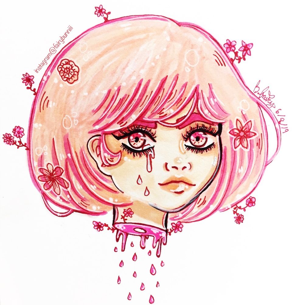A traditional drawing using alcohol based marker, gel pen, ink pen on paper in a sketchbook. The head is severed and the figure has pink hair and pink colored eyes. There are little red line art of flowers scattered on the head. There are little figure has tear drop on the face. The hair cut is of a bob hair cut. The figure has a neutral facial expression. The drawing is of a character named Pink Bunny. The drawing has some variations to it despite it being the same subject matter as the drawing that was posted first.