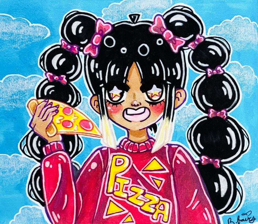 Traditional art piece in sketchbook using alcohol based marker, color pencil, ink pen, gel pen on paper. The figure is smiling and facing forward while holding a slice of pizza in the hand. The long sleeve shirt says pizza on it. The figure has long black hair that is in two pony tails. The hair is decorated with bows. There are stars in the figure’s brown eyes. The background is a light blue with clouds. 
