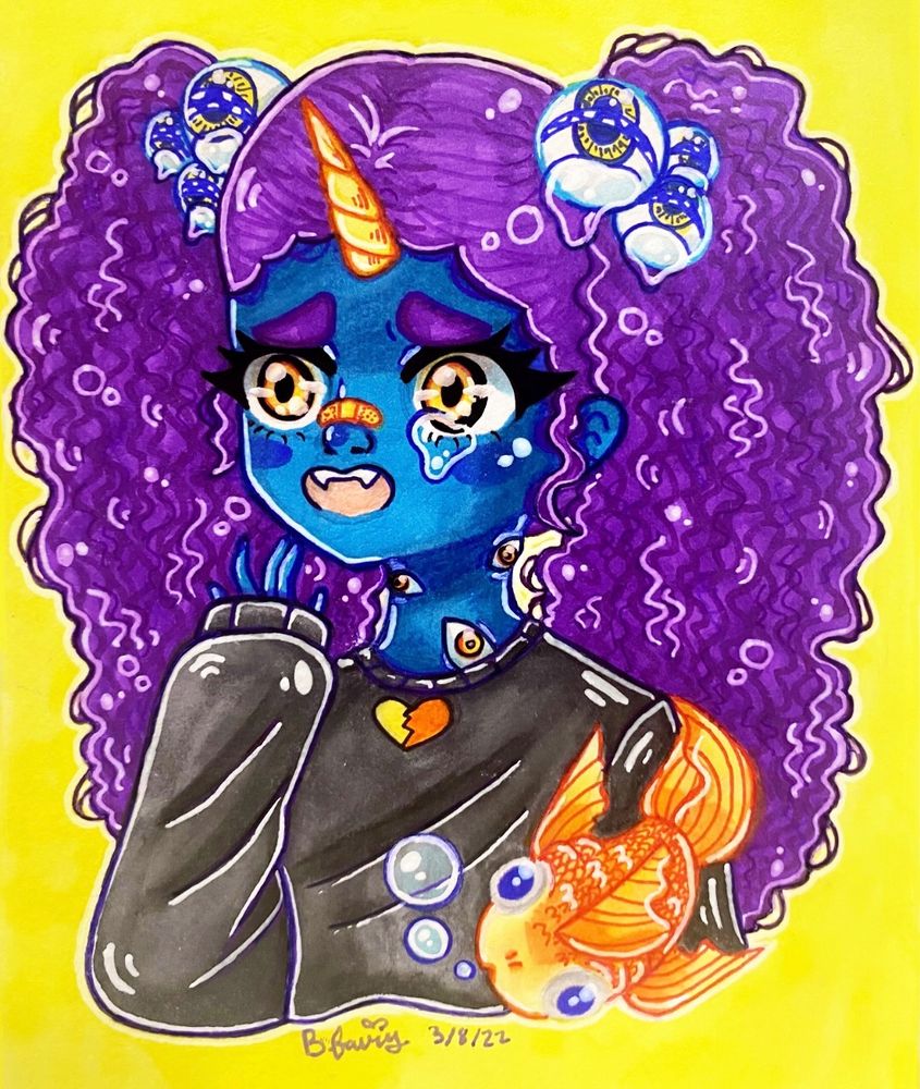 Traditional art piece using alcohol based marker, gel pen, ink pen, color pencil on paper. The figure has blue skin and purple curly hair in two pony tails. The futures has a yellow unicorn horn, a bandage on the bridge of the nose, crying eye balls in the hair, and is wearing a long sleeved gray top that has a broken yellow and orange heart in the middle. The figure appears to smiling and crying at the same time with worried eyebrows. The figure has a yellow goldfish swimming around with three bubbles coming out the fish’s mouth. The background is yellow. There are eyes on the neck of the figure. The title to this piece was “Rejected.”