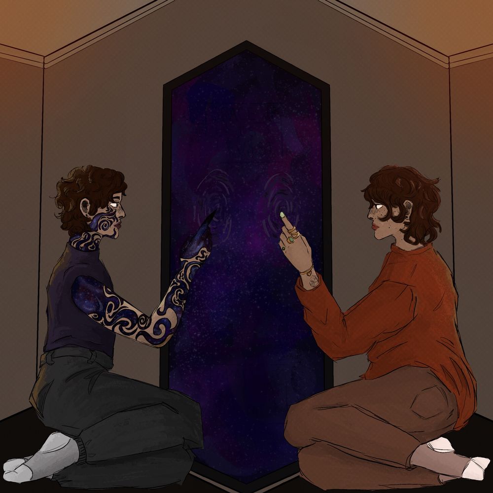 CONTAINS SPOILERS FOR POA 
A drawing of Nara and Ash from Points of Articulation, facing each other through a shimmery, dark mirror. 