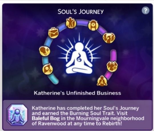 screenshot of an absolutely insane UI showing a sim in lotus position surrounded by floating icons. It's labeled 'SOUL'S JOURNEY', 'Katherine's Unfinished Business', things of that nature.