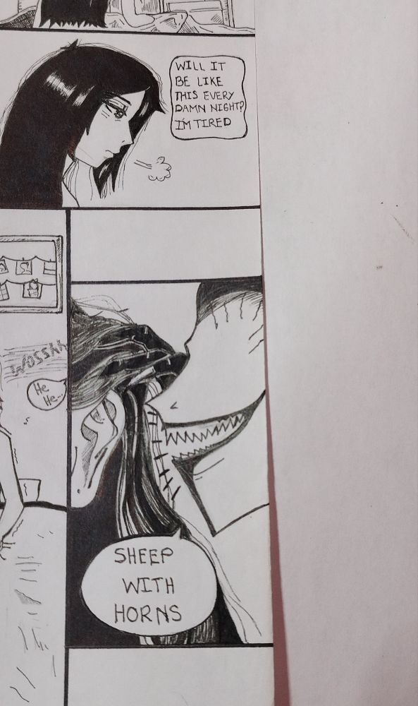 Part of a short comic I'm working on. 
In this panel, a demon whispers “sheep with horns” into a girl's ear. 