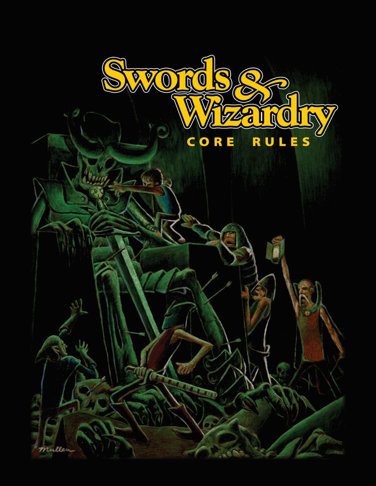 Skeleton giant lying dead in a throne surrounded by bones. Adventuring party trying to stop the party Halfling/Thief from stealing a gem out of the hilt of a giant sword lying in on the dead giant's chest before the inevitable happens.