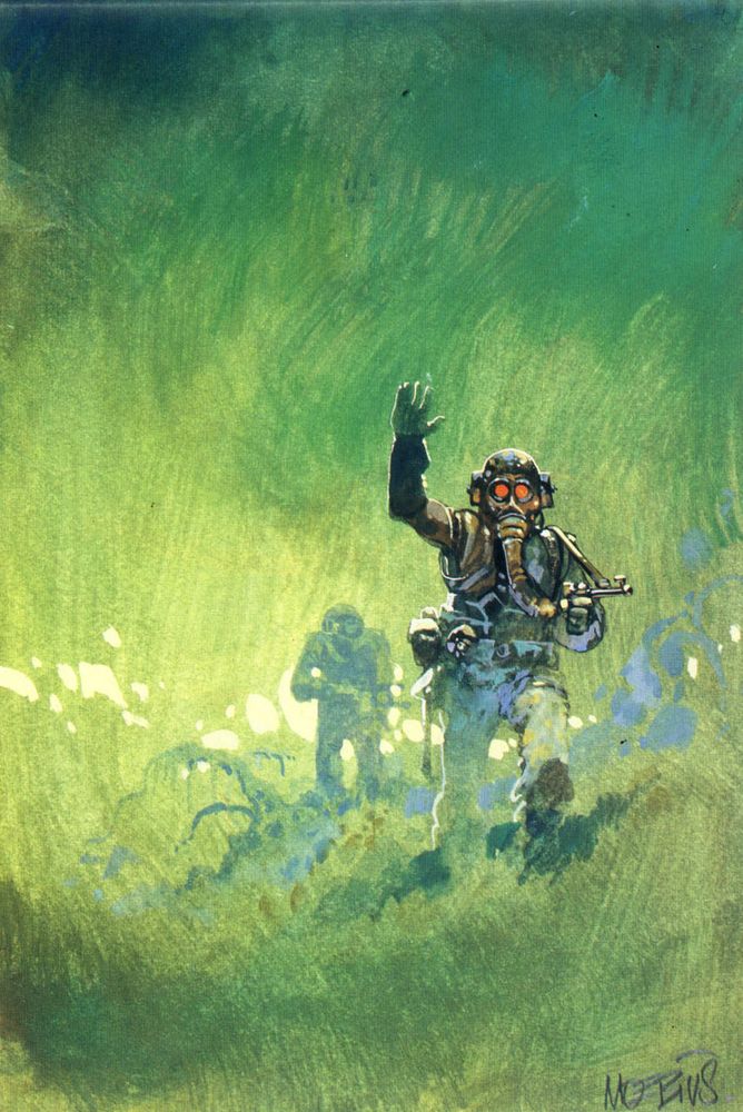 Green palette. Two helmet science fiction soldiers advancing through green mist or gas, the foremost figure raising his hand as if to attract the attention of another party, or the viewer of the piece.