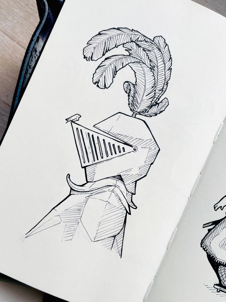 A drawing of a knight’s armour with a tiny bird sitting on the helmet 
