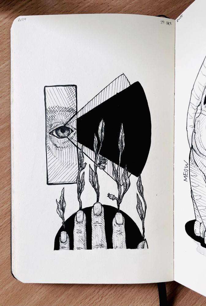 Abstract drawing of body parts - eye and fingers - some goemetric shapes - and some plants