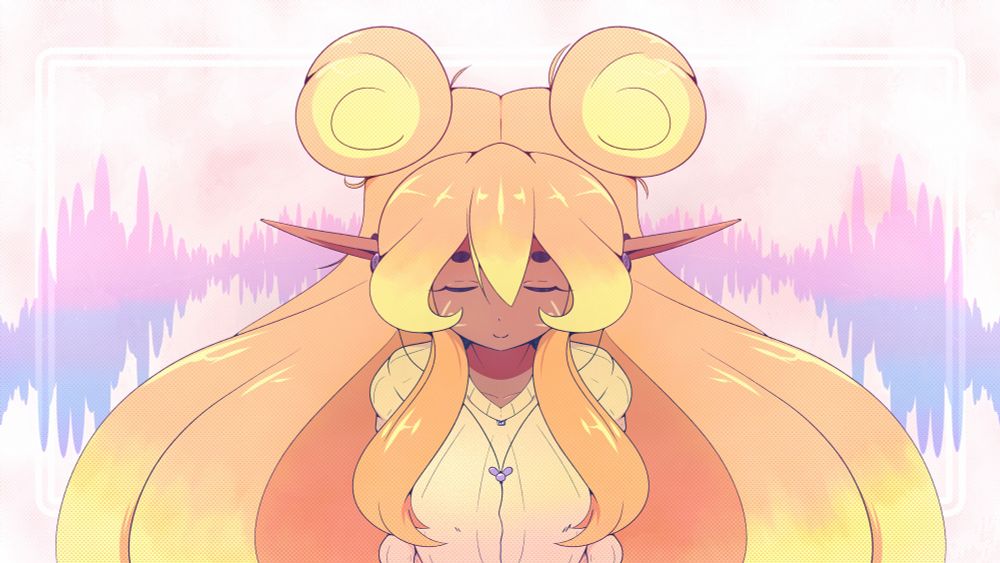 Elf girl named Solaria in a calm pose listening to music on headphones 