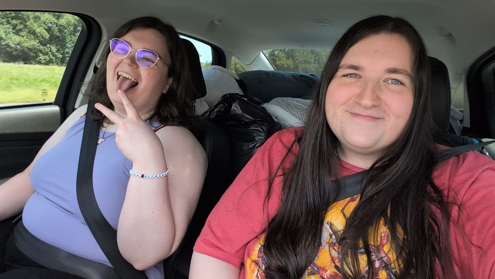 fox girl and cow girl in the car with the back seat full of personal belongings during a move!