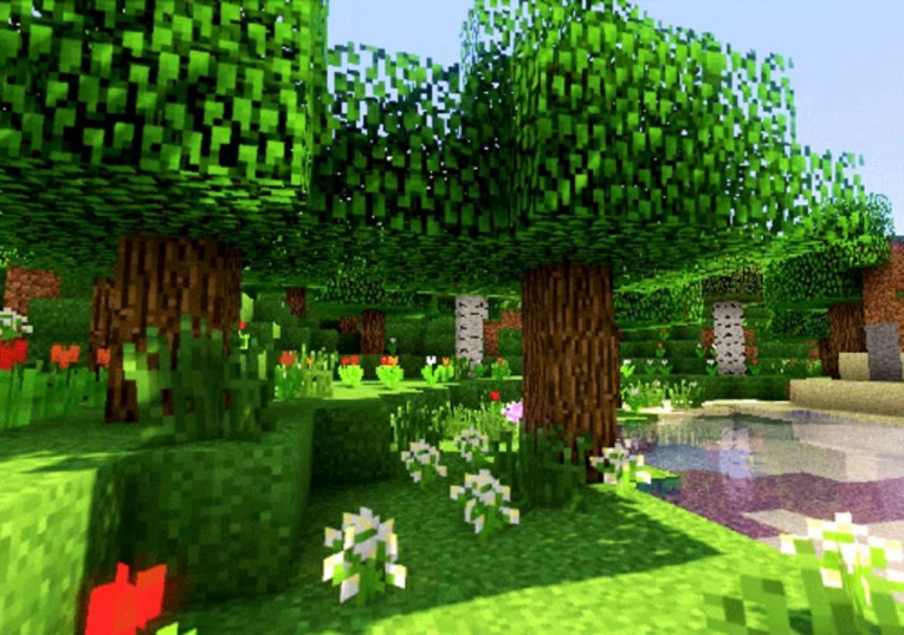 a minecraft scene with trees and flowers in the grass