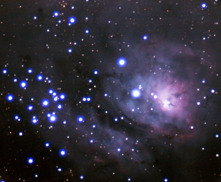 Lagoon Nebula through the 12" Irving Porter Church Memorial Refractor Telescope. Taken by Ben Jacobson-Bell, Gillis Lowry, Marquice Sanchez-Fleming, and Shane Kuo on 6/24/25. 49 x 30-second frames stacked using Siril, and post-processed with Photoshop.