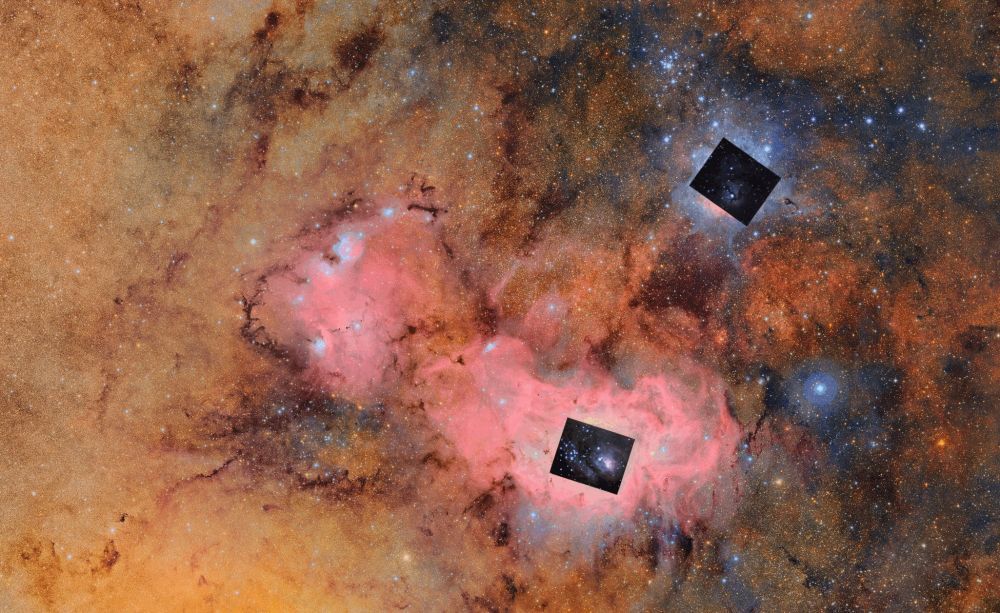 Lagoon Nebula image (lower) and Trifid Nebula image (upper) taken by the Cornell Astronomical Society against Rubin's massive field of view! 

Image credit: Andrew Lewis for comparison gif; Ben Jacobson-Bell, Gillis Lowry, and Marquice Sanchez-Fleming for astrophotography.