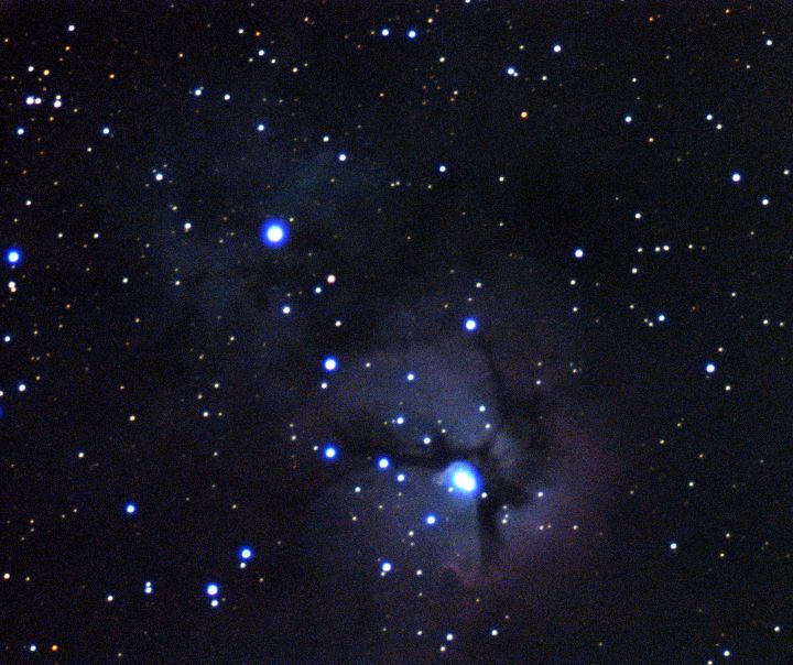 Trifid Nebula through the 12" Irving P. Church Refractor. Taken by Marquice Sanchez-Fleming on 6/24/25. Later stacked 26 x 1-minute frames by Ben Jacobson-Bell, Gillis Lowry, and Marquice Sanchez-Fleming using Siril, and post-processed with Photoshop.