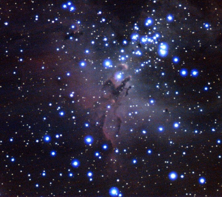 Another image (Pillars of Creation in the Eagle Nebula) taken this week with the Irving Porter Church Refractor at Fuertes Observatory, Cornell University. Astronomy has come a long way in the 100 years since this telescope was built, but the grainy images have their charm, too!

Taken by Ben Jacobson-Bell, Gillis Lowry, and Marquice Sanchez-Fleming.