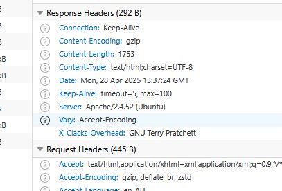 A screenshot of a portion of the headers from one of my websites, viewed in Firefox's Developer Tools/Network tab.  The relevant line is "X-Clacks-Overhead: GNU Terry Pratchett", a line that does nothing of objective value but does send out a reminder of Sir Terry Pratchett with every web query my server handles.