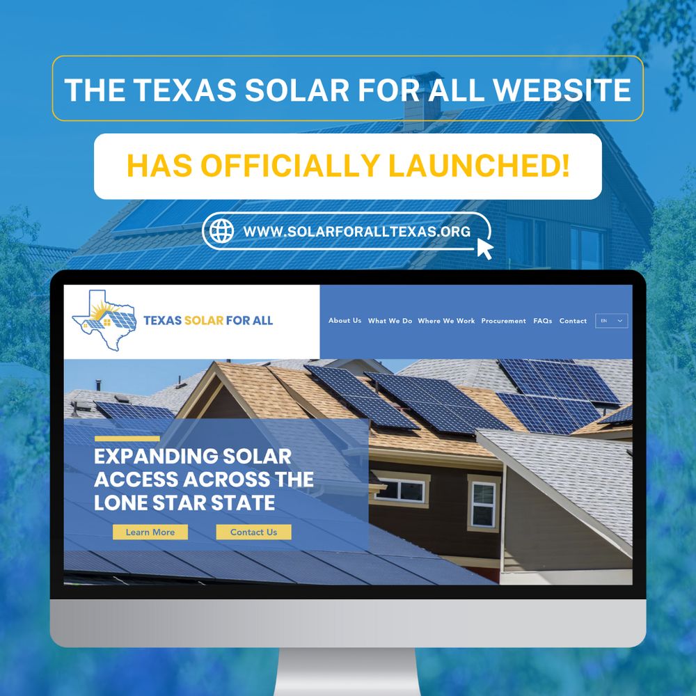 The Texas solar for all website has officially launched at www.solarforalltexas.org. The image provides a screenshot of the homepage.