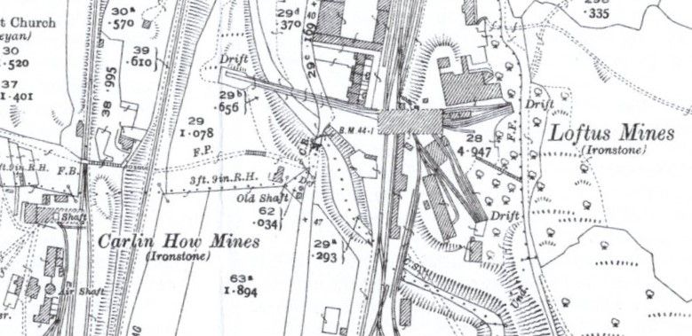 A sample of our larger printed map, which is of a higher quality of course. The image shows detail of Carlin How Mines and Loftus Mines, close together and busy with buildings, roads, rail lines and more.