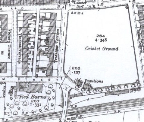 Sample of our map, showing Red Barns, a large and well set house near a Cricket Ground. Map printing is clearer than sample.