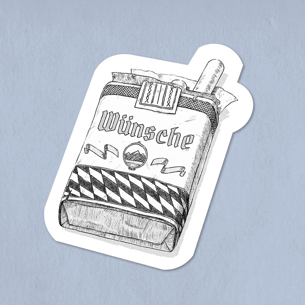 An illustration with an etch-like quality, showing a soft packet of cigarettes, open, with one cigarette sticking out.