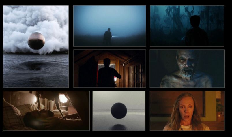 Images from look book: weird spheres in the sky, people in fog, people reacting in horror