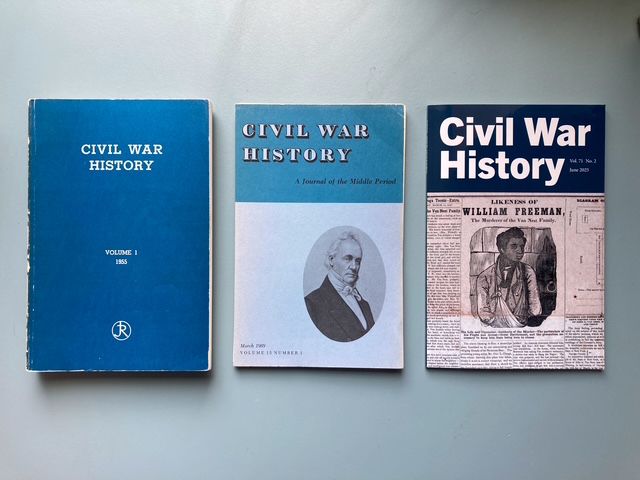 Three covers for the journal "Civil War History" arranged horizontally, with a mix of blue and gray.