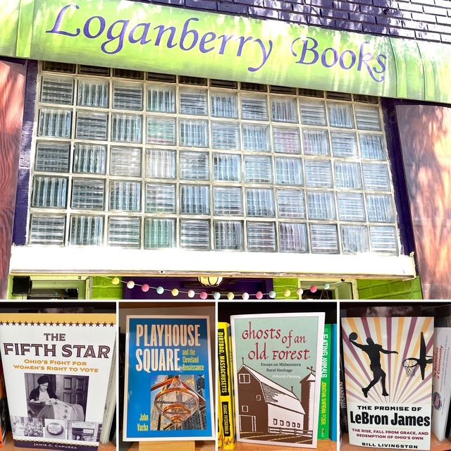Loganberry Books sign and storefront, with four book covers—The Fifth Star, Playhouse Square, Ghosts of an Old Forest, and The Promise of LeBron James.