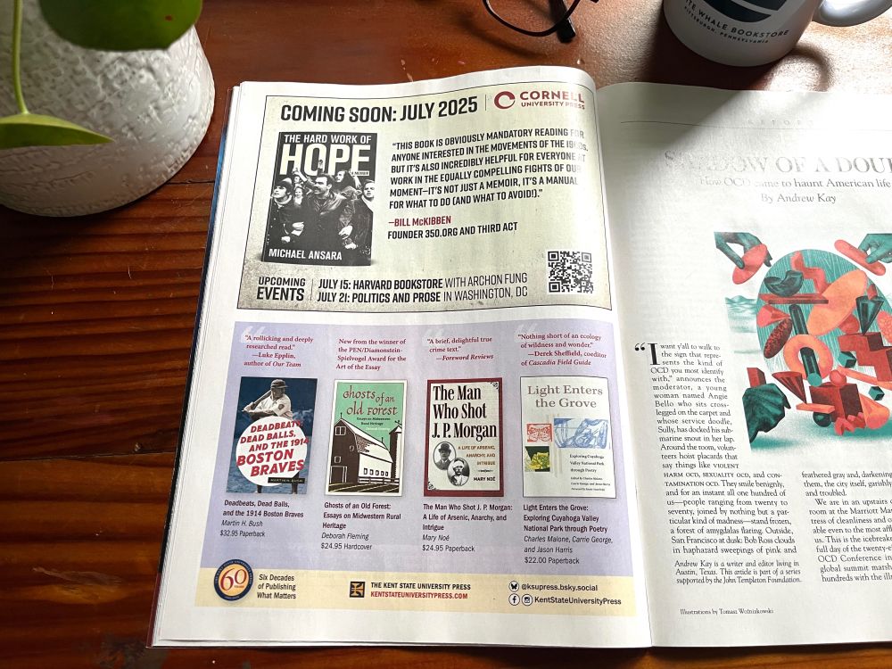 Magazine spread on a table with glasses, houseplant, and mug. Lower verso page is an ad for KSU Press with four book covers.