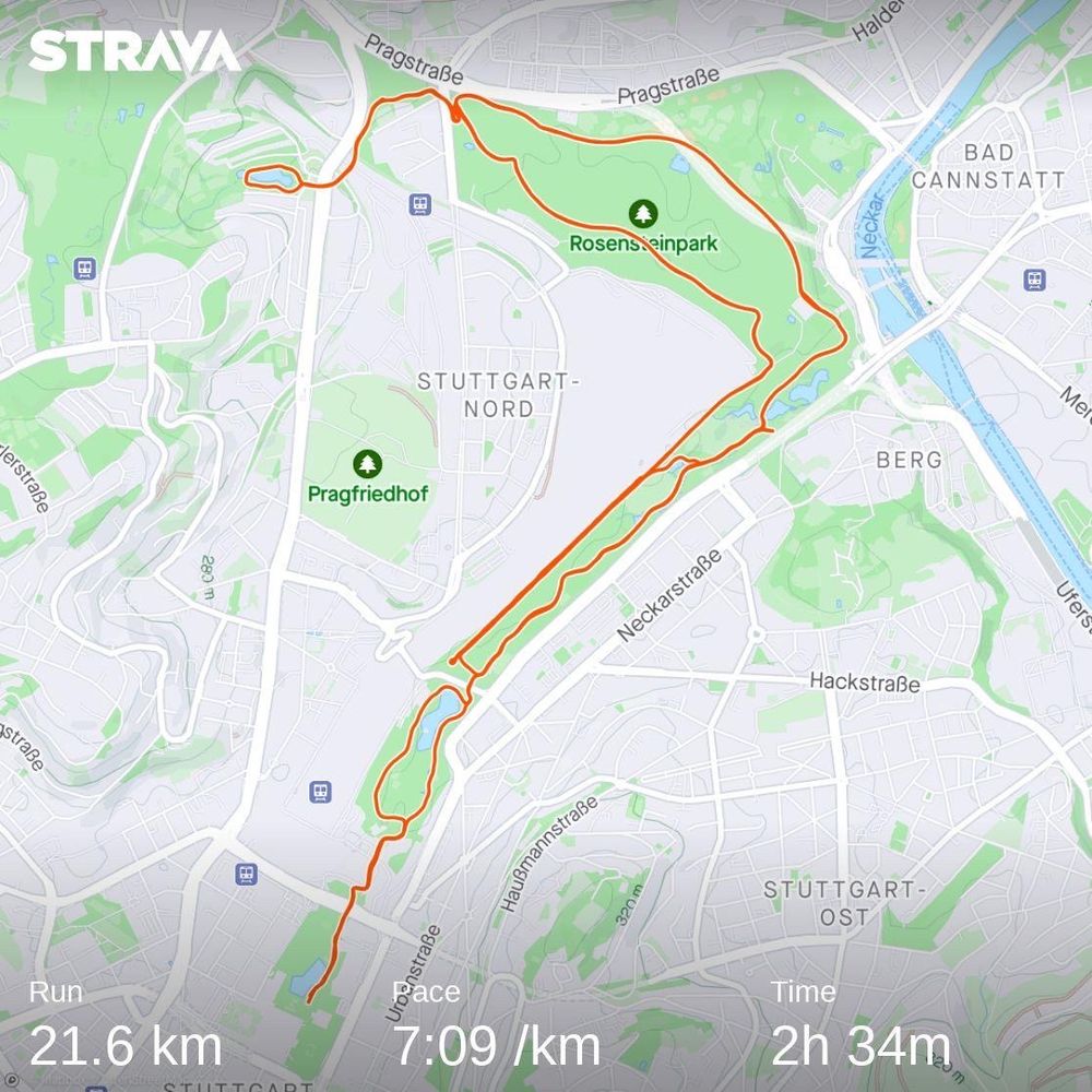 21.6 km run at 7:09 /km peace in Rosensteinpark.