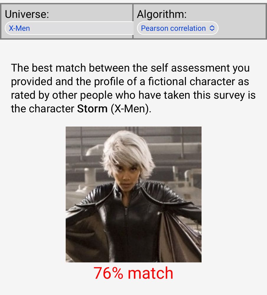 76 percent match with Storm from x men limited to the x men franchise 