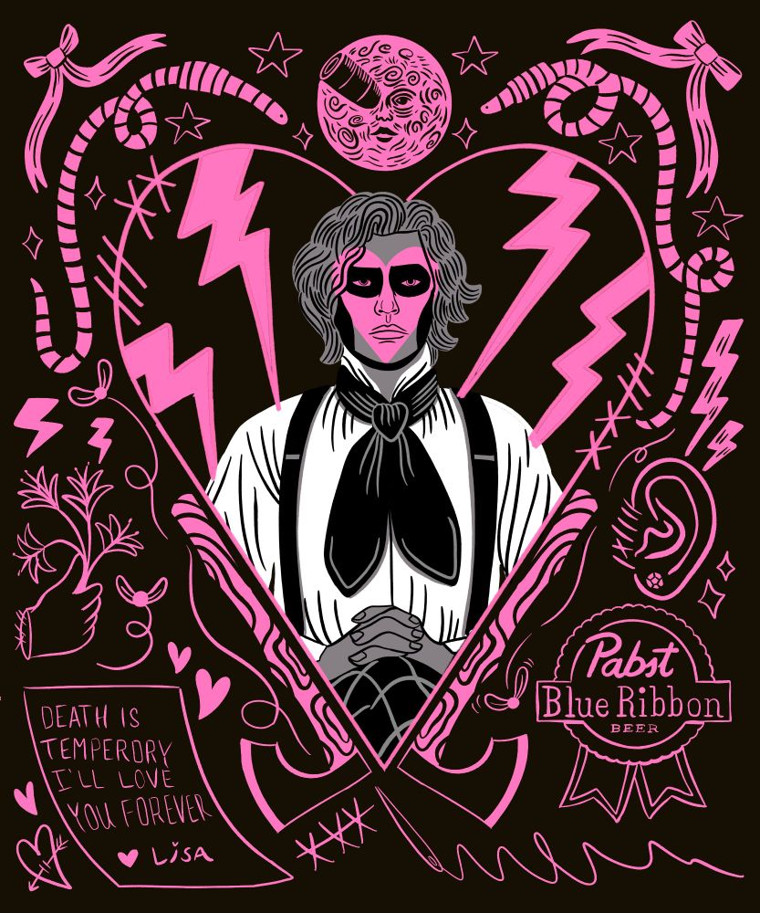 The Creature from Lisa Frankenstein surrounded by mementos & Easter eggs from the film