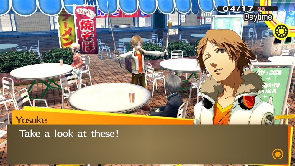 Yosuke: "Take a look at these!" (he's holding swords)