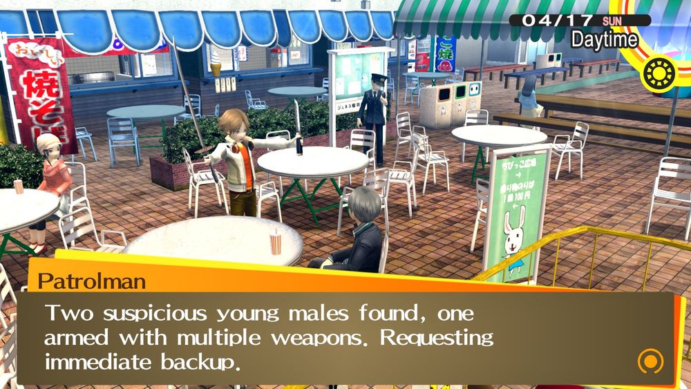 Patrolman (in his com): "Two suspicious young males found, one armed with multiple weapons. Requesting immediate backup."